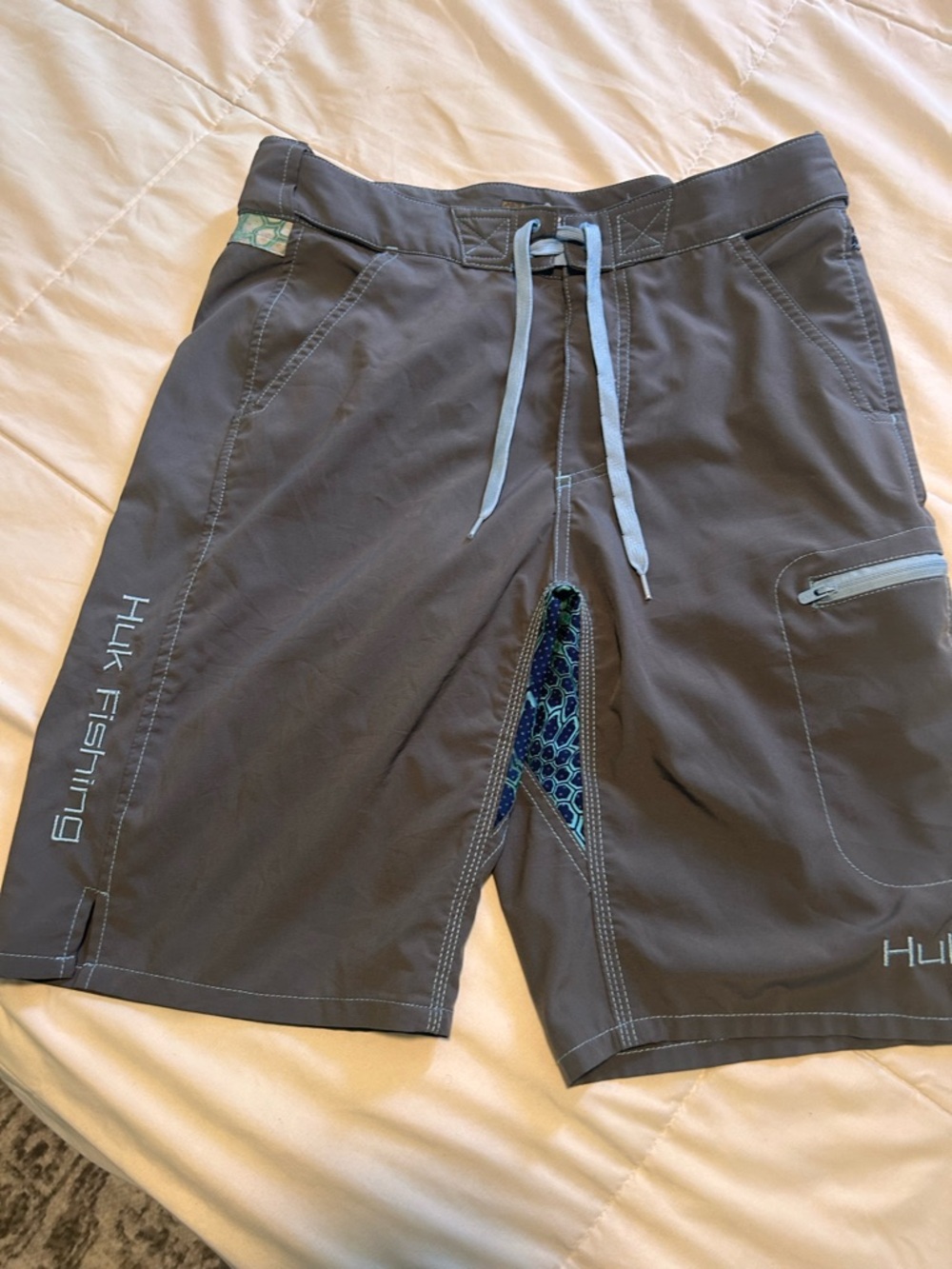 Huk Men's Gray Fishing Shorts with Blue Accents